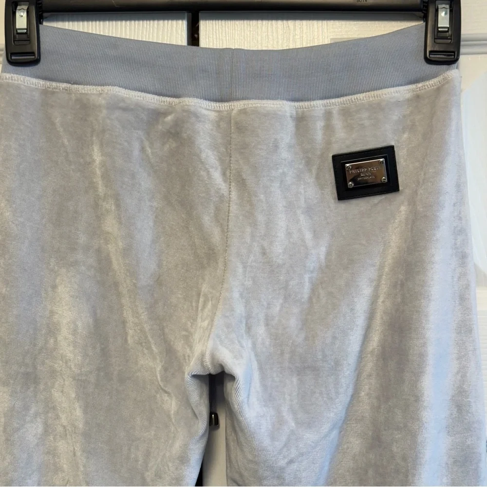 Philipp Plein Gray Velour Pants with Teal Crystal Skull Logo, Size S